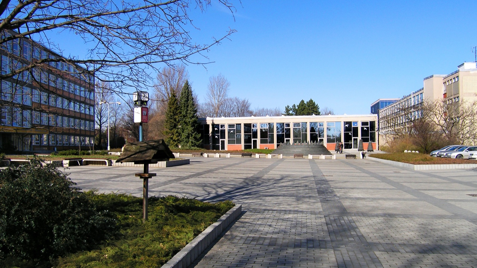 The central square of the Czech University of Life Sciences campus in Prague-Suchdol with the auditorium and faculty buildings